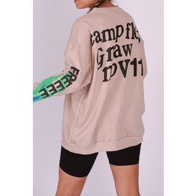 Madmext MG1206 Bej Mad Girls Baskılı Oversize Kadın Sweatshirt
