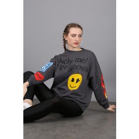 Madmext MG1207 Mad Girls Antrasit Baskılı Oversize Sweatshirt