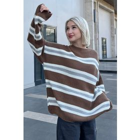 Madmext MG1244 Kahverengi Çizgili Erkek Triko Kazak