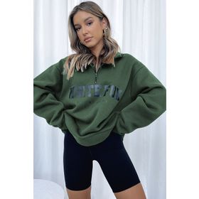Madmext MG1246 Haki Fermuar Detaylı Baskılı Kadın Sweatshirt