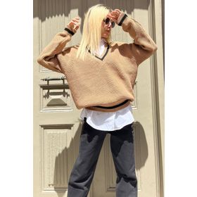 Madmext MG1373 Kadın Camel V Yaka Triko Kazak