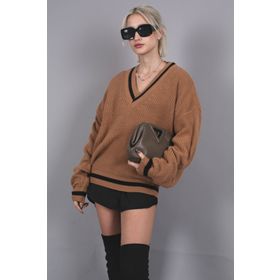 Madmext MG1373 Kadın Camel V Yaka Triko Kazak