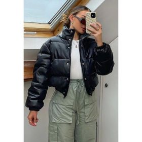 Madmext MG1380 Basic Deri Siyah Kadın Crop Mont