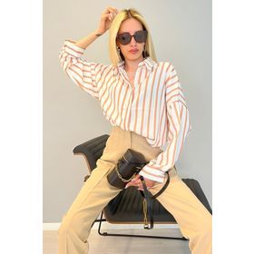 Madmext MG1383 Mad Girls Kahverengi Çizgili Kadın Gömlek