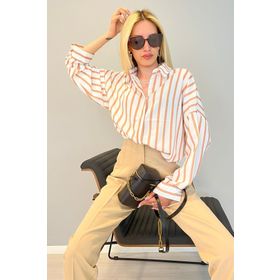 Madmext MG1383 Mad Girls Kahverengi Çizgili Kadın Gömlek