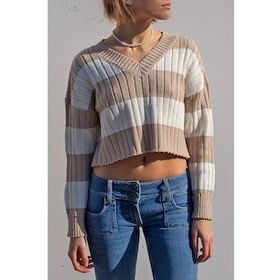 Madmext MG1441 Bej V Yaka Çizgili Crop Kadın Kazak