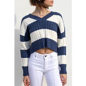 Madmext MG1441 Lacivert V Yaka Çizgili Crop Kadın Kazak