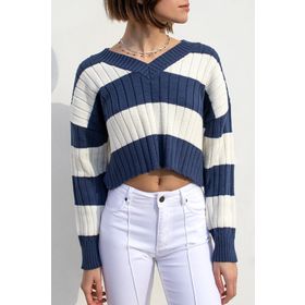 Madmext MG1441 Lacivert V Yaka Çizgili Crop Kadın Kazak