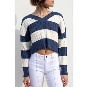 Madmext MG1441 Lacivert V Yaka Çizgili Crop Kadın Kazak