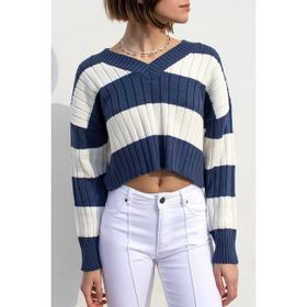 Madmext MG1441 Lacivert V Yaka Çizgili Crop Kadın Kazak