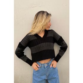 Madmext MG1441 Yeşil V Yaka Çizgili Crop Kadın Kazak