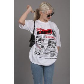 Madmext MG1506 Beyaz Arka Baskılı Over Fit Kadın T-shirt