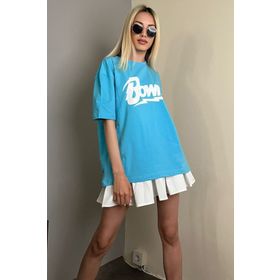 Madmext MG1514 Turkuaz Baskılı Over Fit Kadın T-shirt