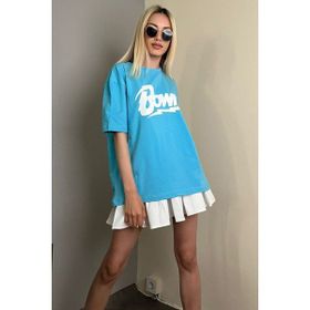 Madmext MG1514 Turkuaz Baskılı Over Fit Kadın T-shirt