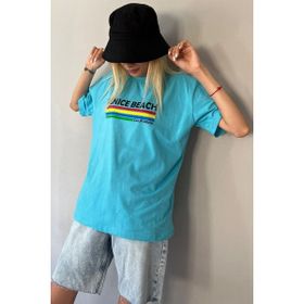 Madmext Mg1516 Turkuaz Baskılı Over Fit Tişört