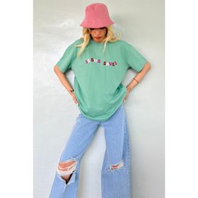 Madmext MG1517 Mint Yeşili Baskılı Oversize Kadın T-shirt