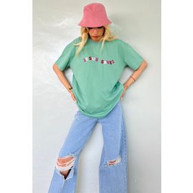 Madmext MG1517 Mint Yeşili Baskılı Oversize Kadın T-shirt
