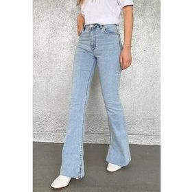 Madmext MG1518 Kadın Buz Mavisi Yırtmaçlı Likralı İspanyol Paça Jean Pantolon