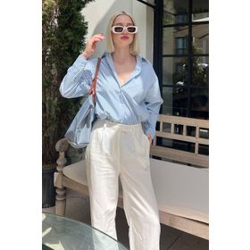 Madmext MG1525 Mavi Çizgili Over Fit Kadın Gömlek