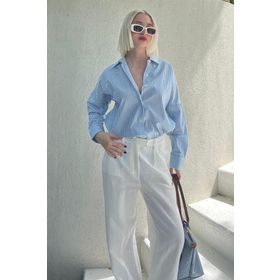 Madmext MG1525 Mavi Çizgili Over Fit Kadın Gömlek