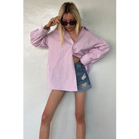 Madmext MG1525 Pembe Çizgili Over Fit Kadın Gömlek