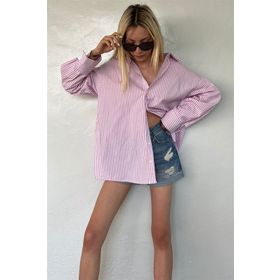 Madmext MG1525 Pembe Çizgili Over Fit Kadın Gömlek