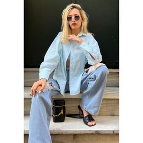 Madmext MG1525 Pembe Çizgili Over Fit Kadın Gömlek
