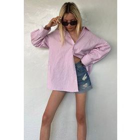 Madmext MG1525 Pembe Çizgili Over Fit Kadın Gömlek