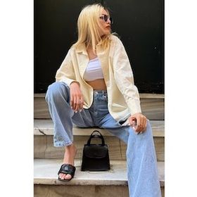 Madmext MG1525 Sarı Çizgili Over Fit Gömlek