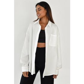 Madmext MG1530 Beyaz Oversize Basic Cepli Poplin Gömlek