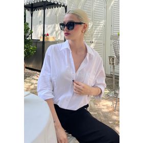 Madmext MG1530 Beyaz Oversize Basic Cepli Poplin Gömlek