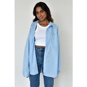 Madmext MG1530 Kadın Mavi Oversize Basic Cepli Poplin Gömlek