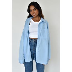Madmext MG1530 Kadın Mavi Oversize Basic Cepli Poplin Gömlek