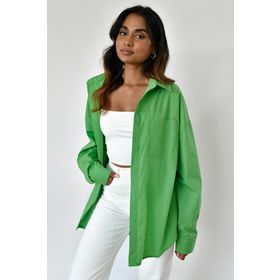 Madmext MG1530 Kadın Yeşil Oversize Basic Cepli Poplin Gömlek