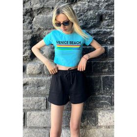 Madmext MG1535 Turkuaz Baskılı Crop Kadın T-shirt
