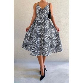 Madmext MG1537 Kahverengi Desenli Dekolteli Midi Boy Elbise