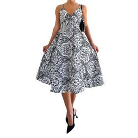 Madmext MG1537 Siyah Desenli Dekolteli Midi Boy Elbise