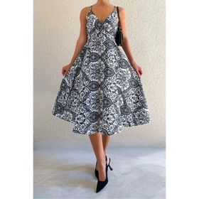 Madmext MG1537 Siyah Desenli Dekolteli Midi Boy Elbise