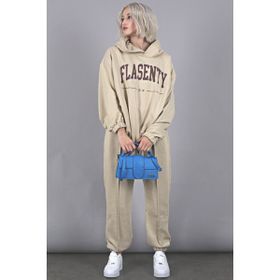 Madmext MG1561 Bej Oversize Baskılı Erkek Eşofman Takım