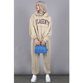 Madmext MG1561 Bej Oversize Baskılı Erkek Eşofman Takım