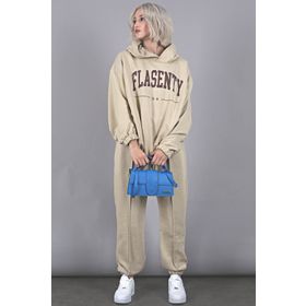 Madmext MG1561 Bej Oversize Baskılı Erkek Eşofman Takım