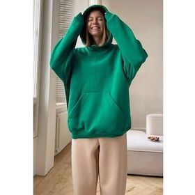 Madmext MG1566 Yeşil Kadın Kapüşonlu Şardonlu Oversize Sweatshirt