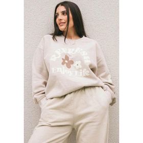 Madmext MG1572 Bej Bisiklet Yaka Baskılı Kadın Sweatshirt