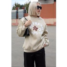 Madmext MG1572 Bej Bisiklet Yaka Baskılı Kadın Sweatshirt