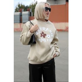 Madmext MG1572 Bej Bisiklet Yaka Baskılı Kadın Sweatshirt