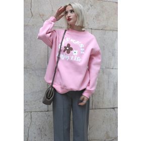 Madmext MG1572 Pembe Bisiklet Yaka Baskılı Kadın Sweatshirt
