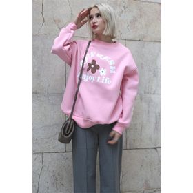 Madmext MG1572 Pembe Bisiklet Yaka Baskılı Kadın Sweatshirt