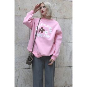Madmext MG1572 Pembe Bisiklet Yaka Baskılı Kadın Sweatshirt