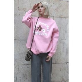 Madmext MG1572 Pembe Bisiklet Yaka Baskılı Kadın Sweatshirt