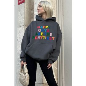 Madmext MG1574 Füme Renkli Nakışlı Bisiklet Yaka Kadın Sweatshirt